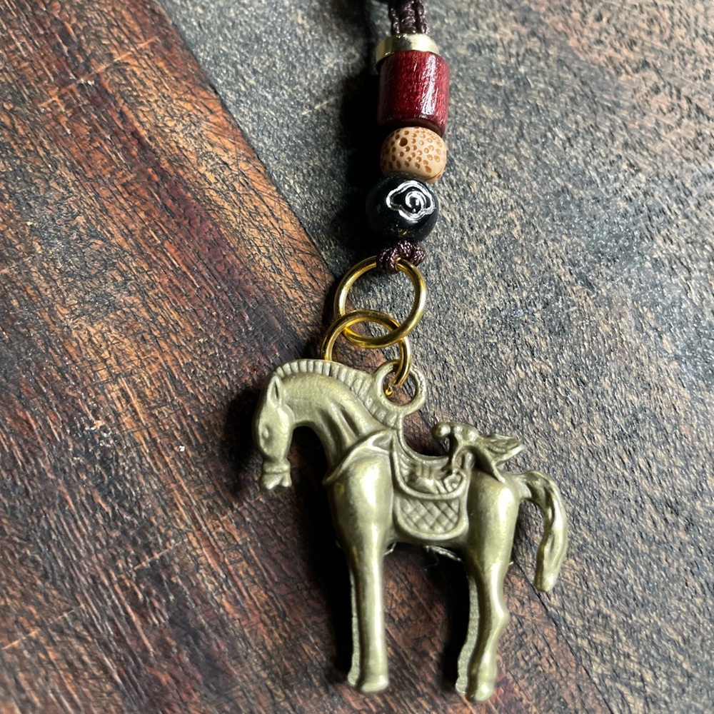 Brass Horse Pendant with Wood Beads, Bag Charm, Keys, Backpack, Zipper